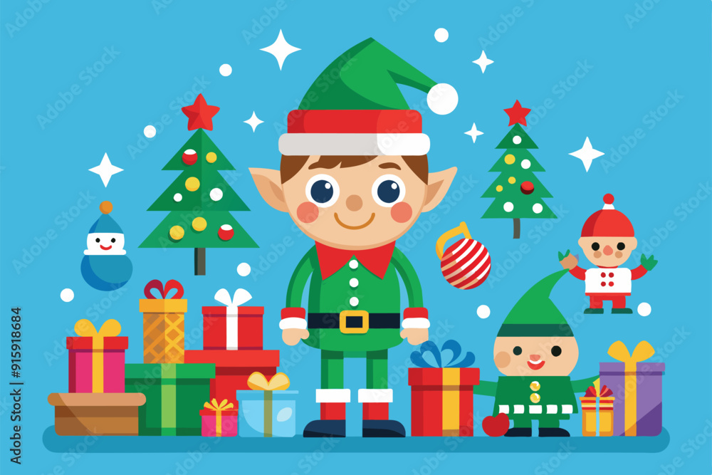 Two festive elves stand among colorful presents and decorated Christmas trees, capturing the joyful spirit of the holiday season Two festive elves stand among colorful presents and decorated Christmas trees, capturing the joyful spirit of the holiday season