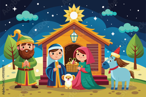 A colorful cartoon depiction of Mary, Joseph, and animals celebrating a festive Christmas night by a manger under twinkling stars