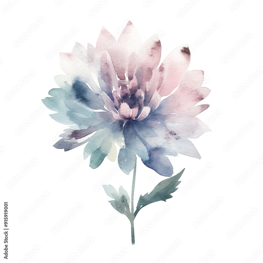 Obraz premium Delicate watercolor painting of a blue and pink flower with green leaves.