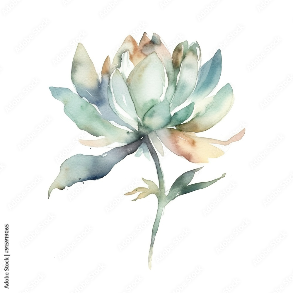 Delicate watercolor painting of a flower with blue-green petals and a brown stem. Delicate watercolor painting of a flower with blue-green petals and a brown stem.