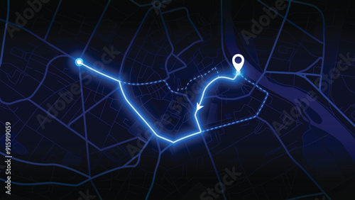 neon GPS road map of Aventure with the arrow that moving to the point of destination