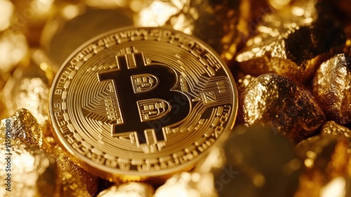 A close-up of a physical Bitcoin coin placed on a pile of gold coins, symbolizing digital wealth and investment.