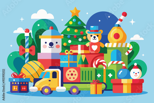 A vibrant collection of toys and decorations for a Christmas toy drive, showcasing a variety of colors and shapes, perfect for holiday cheer