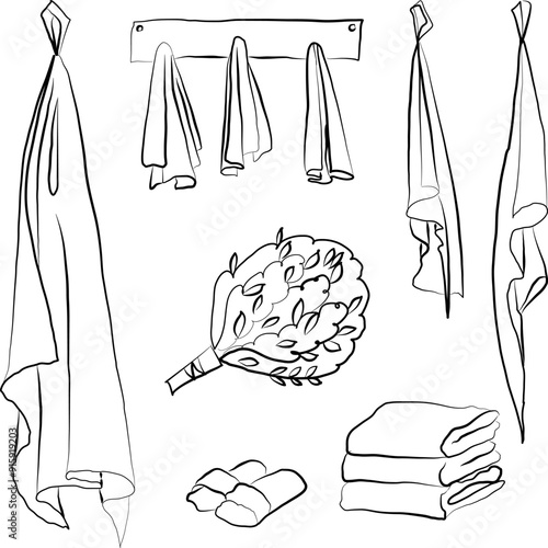  Set of bath towels, broom and slippers, stylized in LineArt style. Vector illustration