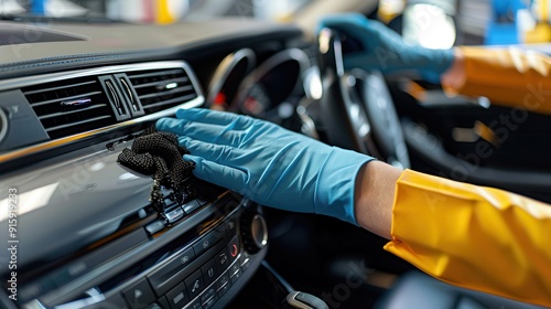 A worker in gloves carefully cleans and polishes the dashboard of a car to enhance its appearance within an automotive service center. Generative AI