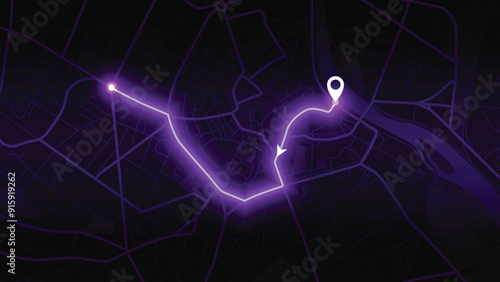 neon GPS road map of Aventure with the arrow that moving to the point of destination