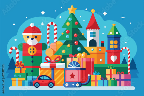 A colorful collection of toys, gifts, and holiday decorations showcases a cheerful Christmas toy drive in a festive atmosphere full of joy