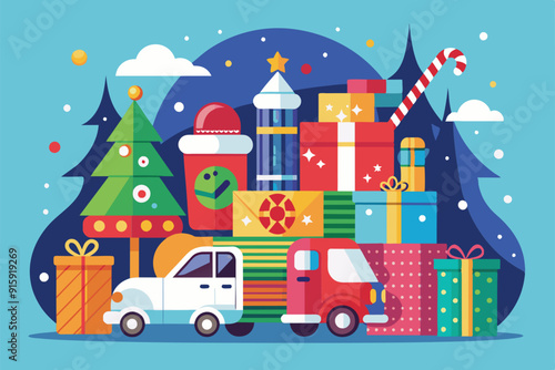 The illustration features festive trees, colorful presents, and vehicles preparing for a community toy drive during the holiday season