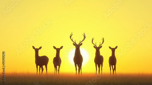 Five Deer Silhouettes Stand Before A Setting Sun Against A Yellow Sky, Captured With An Ultra-wide-angle Lens 