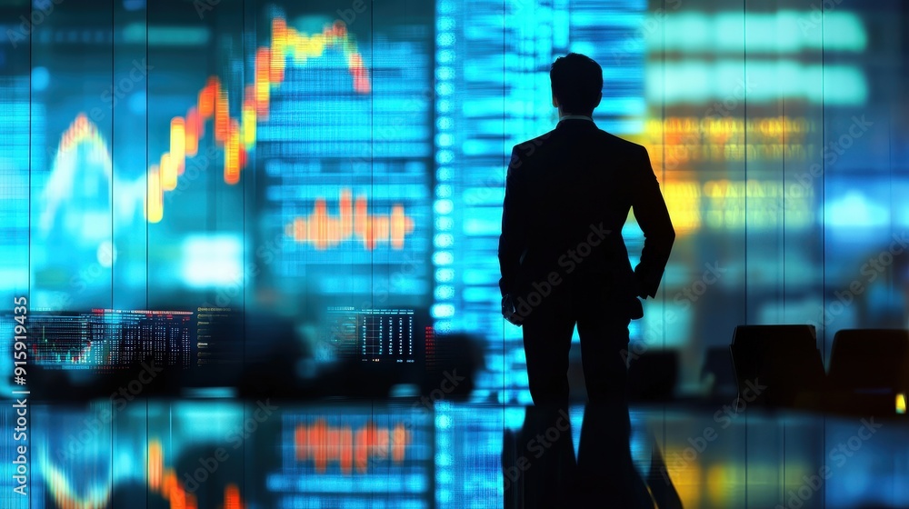 A businessman in a meeting with a blurred abstract background of digital economic charts. A businessman in a meeting with a blurred abstract background of digital economic charts.