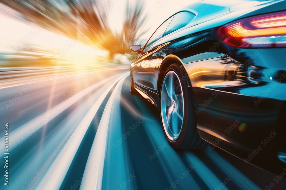 Sleek black sports car driving at high speed on a highway with sunlight reflecting off its surface. Representing concepts of speed, luxury, and advanced automotive technology. Sleek black sports car driving at high speed on a highway with sunlight reflecting off its surface. Representing concepts of speed, luxury, and advanced automotive technology.
