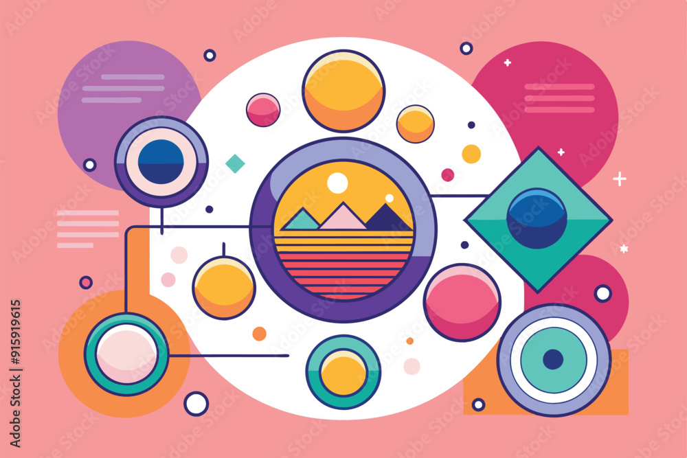 Vibrant circles and geometric shapes surround a sunset landscape, creating a playful and customizable design suitable for various creative applications Vibrant circles and geometric shapes surround a sunset landscape, creating a playful and customizable design suitable for various creative applications