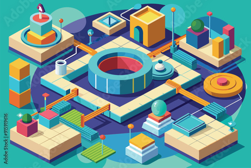 A vibrant isometric landscape showcases customizable circles and geometric shapes, creating an engaging and colorful urban design for creative projects