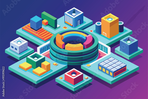 Vibrant isometric illustration featuring customizable circles and various geometric shapes arranged in a lively urban landscape