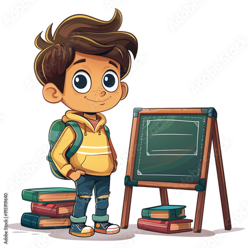 A cheerful boy stands beside a chalkboard in a classroom filled with colorful books