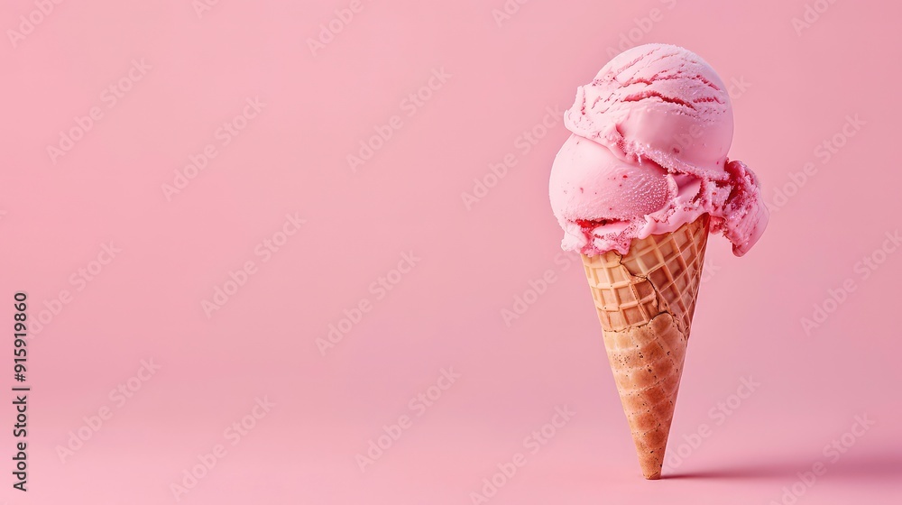 A single scoop of pink ice cream melting in a waffle cone, on a pink background. A single scoop of pink ice cream melting in a waffle cone, on a pink background.
