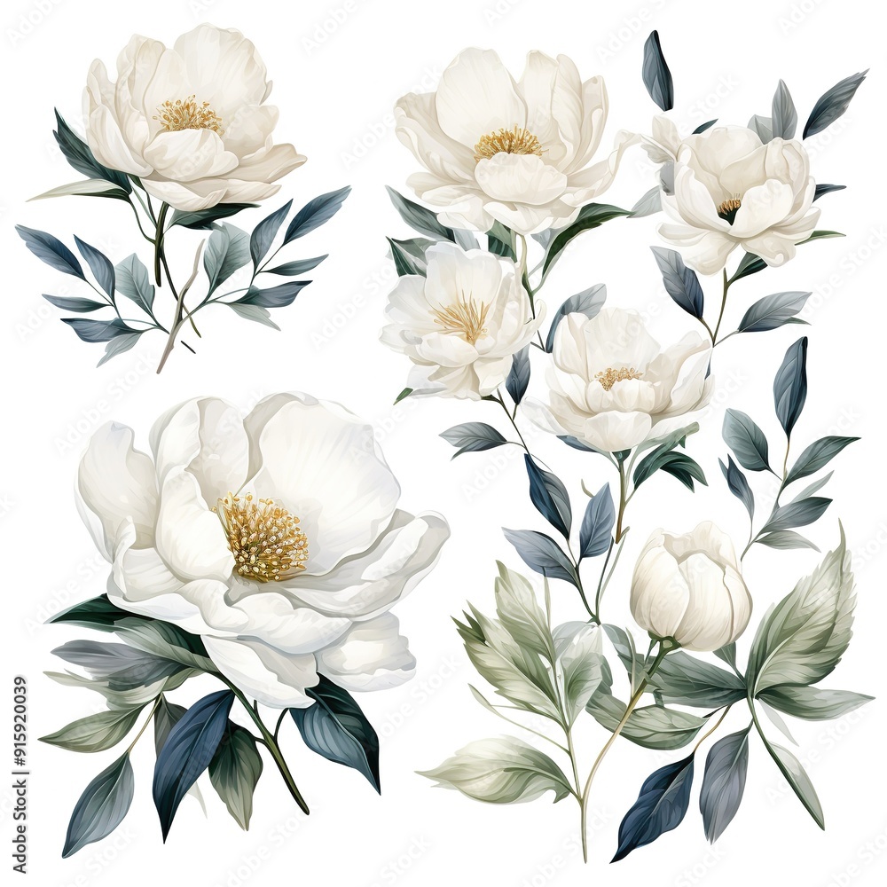Delicate white blossoms with green leaves on a white background. Delicate white blossoms with green leaves on a white background.