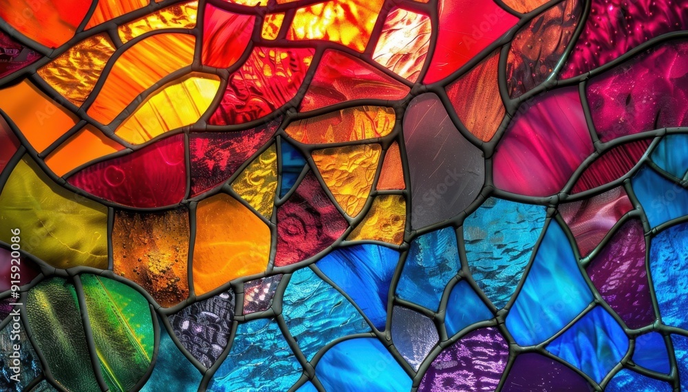 Colorful stained glass window with abstract patterns illuminated by sunlight Colorful stained glass window with abstract patterns illuminated by sunlight