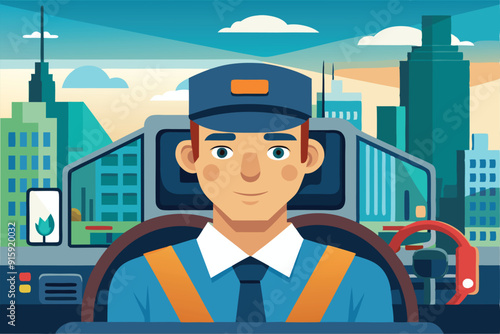 A city driver operates a vehicle amidst towering buildings under a clear sky, showcasing a vibrant urban environment