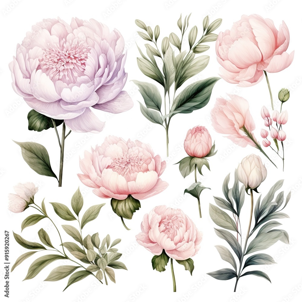 Delicate watercolor peonies and leaves, isolated on white background. Delicate watercolor peonies and leaves, isolated on white background.
