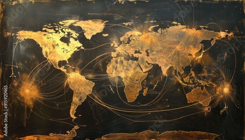 World map with intricate golden lines depicting global connections and travel routes