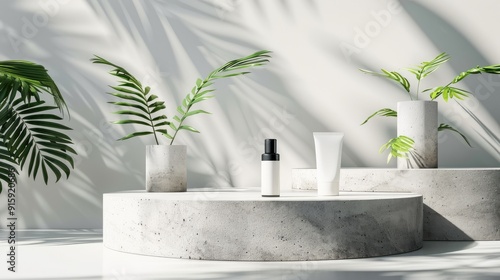 Simple modern product presentation on light gray backdrop with space for text. Concrete pedestal and foliage. Scene for displaying skincare or cosmetic products.