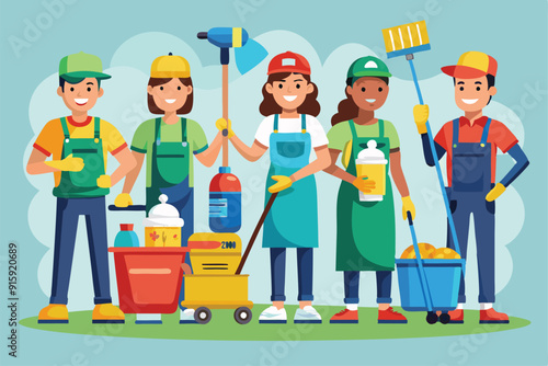 A group of cleaning professionals actively working together with various cleaning tools and equipment to ensure a spotless environment in a community area