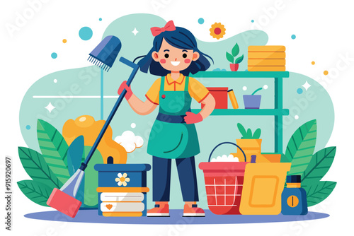 A cheerful woman stands with a mop, surrounded by cleaning supplies, storage, and plants, ready to tackle household chores in a bright home environment