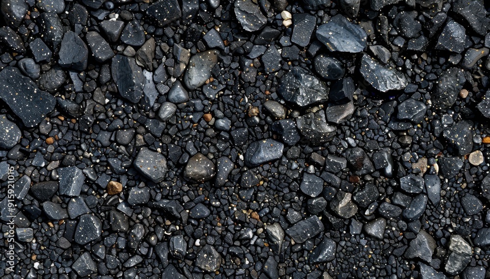 Black gravel and pebbles scattered on a surface at a rocky location in daylight Black gravel and pebbles scattered on a surface at a rocky location in daylight