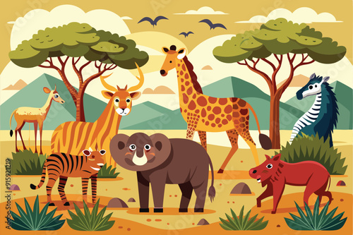 A variety of African savanna animals coexist peacefully under trees, showcasing their unique characteristics in a vibrant setting