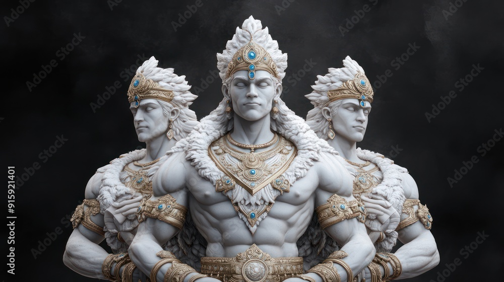 Fototapeta premium Intricate Sculpture of Brahma, the Hindu God of Creation, with Three Faces and Adorned with Regal Jewelry and Sacred Symbols in a Majestic Pose