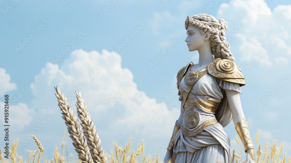 Fototapeta premium Front View of the Elegant Statue of Demeter, Greek Goddess of Harvest, with a Sheaf of Wheat in a Serene Agricultural Field under Blue Skies