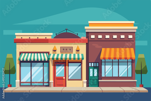 Three quaint storefronts with colorful awnings stand empty in a serene urban setting, evoking a peaceful afternoon atmosphere