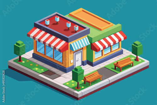 A vibrant isometric view showcasing two closed stores, surrounded by greenery, benches, and a neatly paved pathway in an urban setting