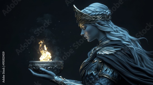 Majestic Depiction of Brigid, the Celtic Goddess of Fire and Inspiration, Holding a Cauldron with a Sacred Flame in a Dark, Mystical Setting