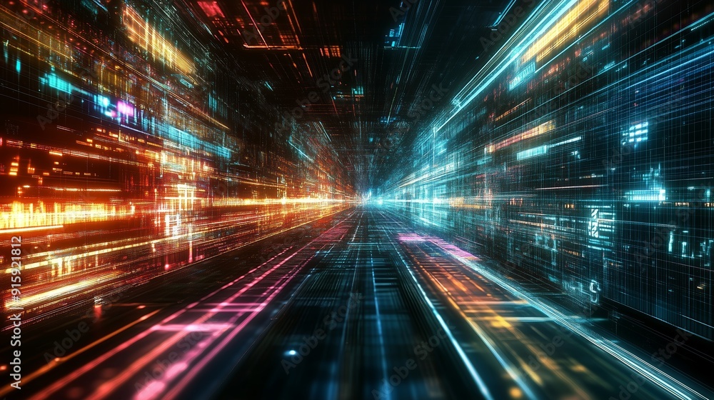 Dynamic visual representation of technological data streams in a futuristic digital environment Dynamic visual representation of technological data streams in a futuristic digital environment