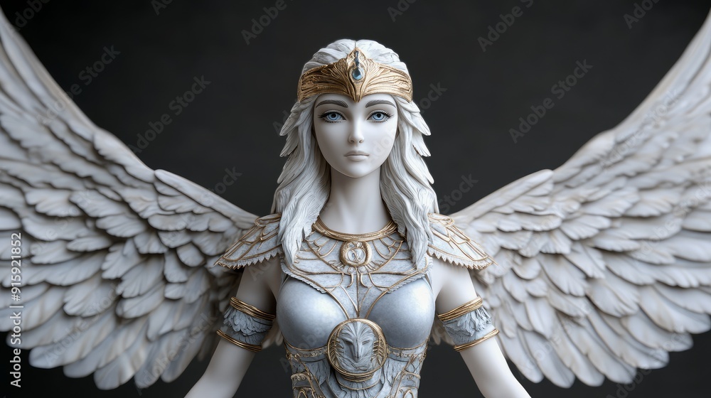 Obraz premium Serene White-Winged Female Deity in Pristine Armor with Golden Embellishments, Representing Purity, Divinity, and Tranquility