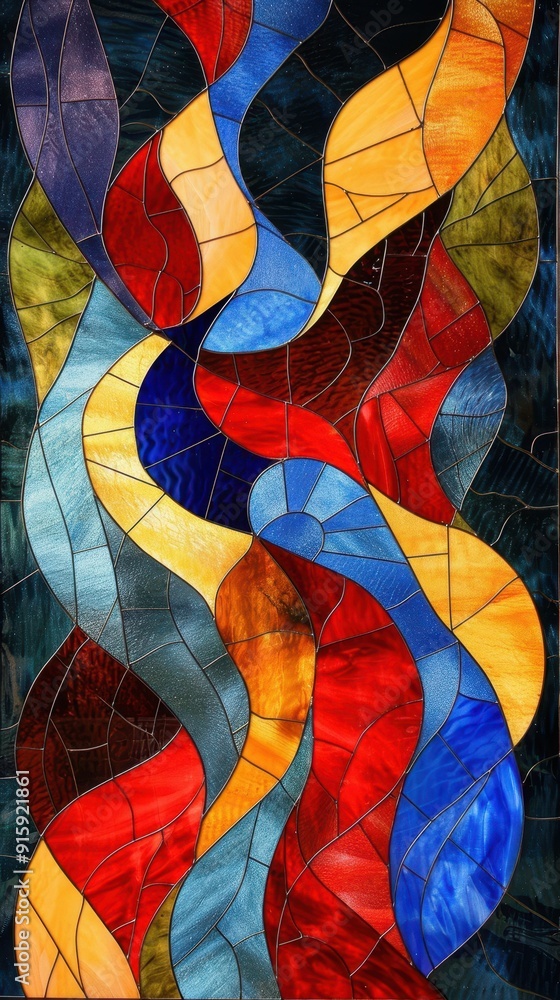 Fototapeta premium Vibrant stained glass showcases flowing patterns in rich colors that beautifully blend together
