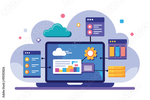 A laptop displays a cloud service interface with various interactive elements and data visualization features