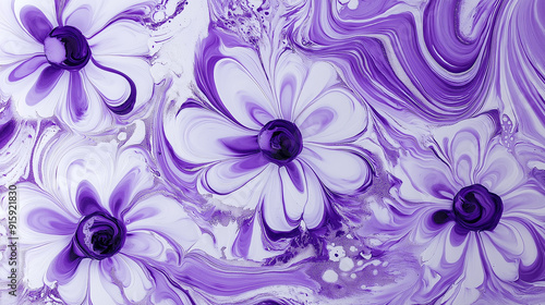 Wall Decorated With Ceramic Purple Tones Color Marble. Daisy Flowers Pattern. Marble shapes for decoration. Purple Tones Color Marble Swirls and Agate Waves.