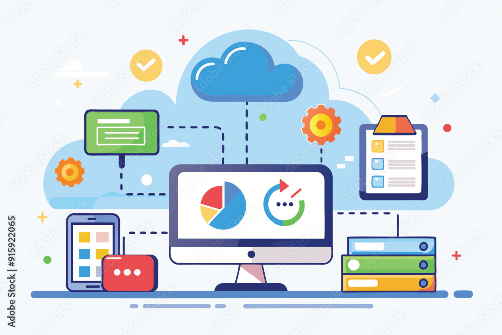 An illustration showcasing cloud synchronization with various devices displaying data and analytics in a vibrant digital environment An illustration showcasing cloud synchronization with various devices displaying data and analytics in a vibrant digital environment