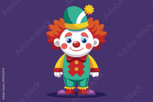 A colorful cartoon clown with vibrant hair and costume stands smiling, ready for customization in a playful atmosphere
