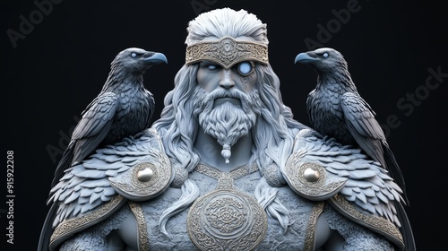 Odin the Allfather with His Ravens Huginn and Muninn, Symbol of Wisdom and Guidance in Norse Mythology, Detailed Sculpture photo