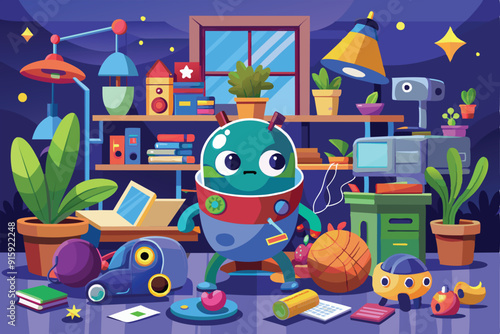 A cheerful robot stands amid toys, plants, and books in a cozy home studio filled with creative clutter