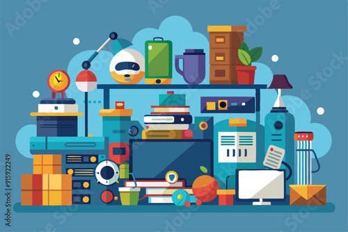 A vibrant and cluttered workspace displays various office supplies, gadgets, and decorative items arranged neatly on shelves