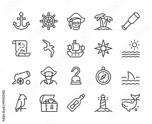 Marine and Seafaring, Icon Set. Nautical Adventures and Maritime Exploration. Ancient Ships, Captain, Anchor, Pirate, Skull, Island, Seagull, Map, Hook, Cannon, Ocean. Line with editable stroke