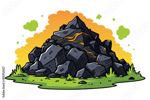 A large, hand-drawn pile of coal sits on green grass beneath an orange sky, capturing a vibrant contrast between nature and mineral resources