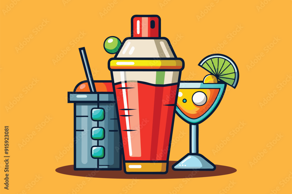 A vibrant illustration showcases a cocktail shaker alongside a glass of mixed drink garnished with lime, perfect for beverage enthusiasts A vibrant illustration showcases a cocktail shaker alongside a glass of mixed drink garnished with lime, perfect for beverage enthusiasts