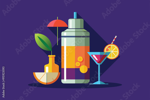 A stylish cocktail shaker is accompanied by fresh ingredients like citrus fruits, decorative umbrellas, and a beautifully garnished drink, perfect for any mixology occasion