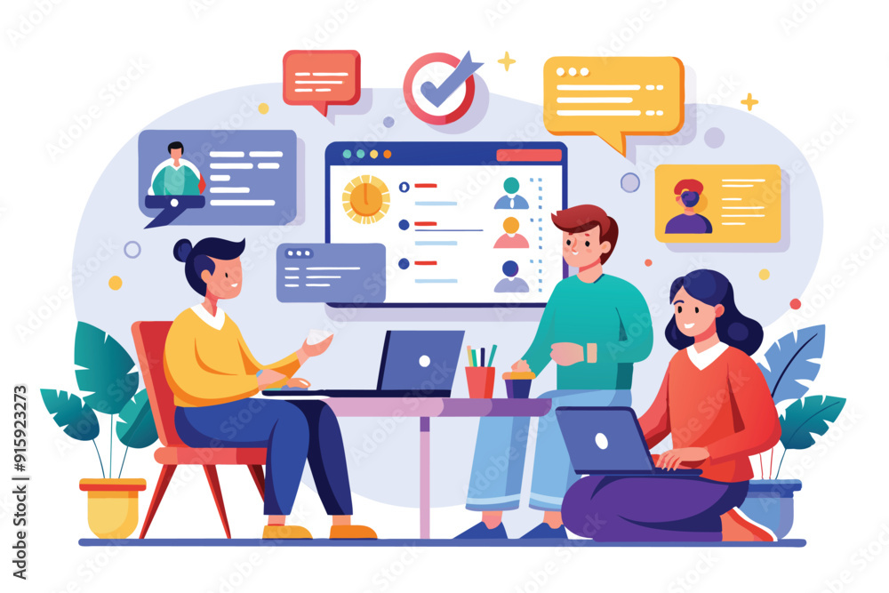 Three team members collaborate on a code review, engaging with digital tools and screens in an office setting filled with plants and discussion bubbles